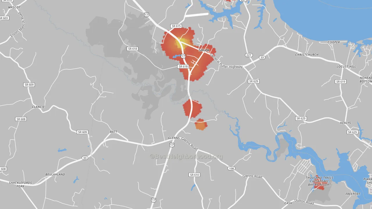 Walk Grade map of Saluda, VA, walkable areas in green and car-dependent areas in red