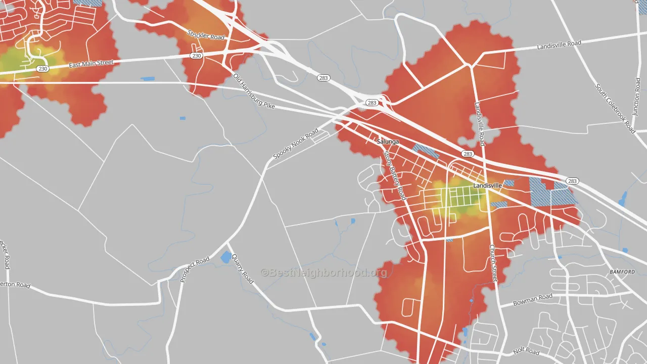 Walk Grade map of Salunga, PA, walkable areas in green and car-dependent areas in red