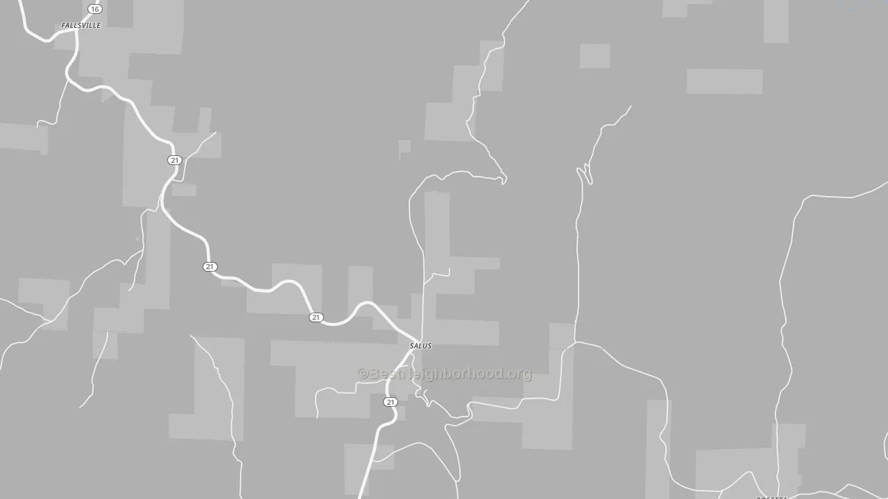 Walk Grade map of Salus, AR, walkable areas in green and car-dependent areas in red