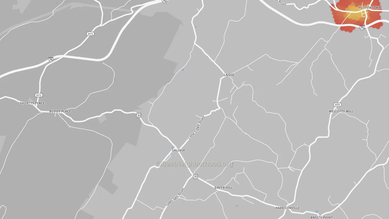 Walk Grade map of Saluvia, PA, walkable areas in green and car-dependent areas in red
