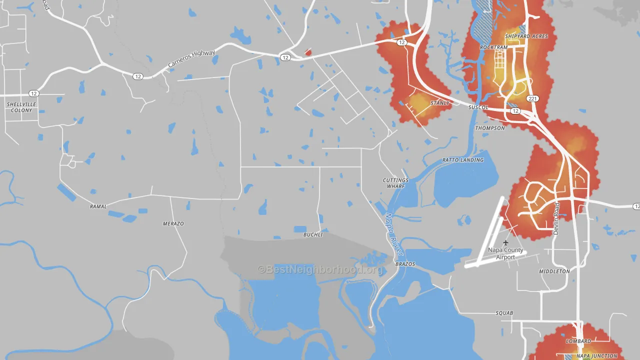 Walk Grade map of Salvador, CA, walkable areas in green and car-dependent areas in red
