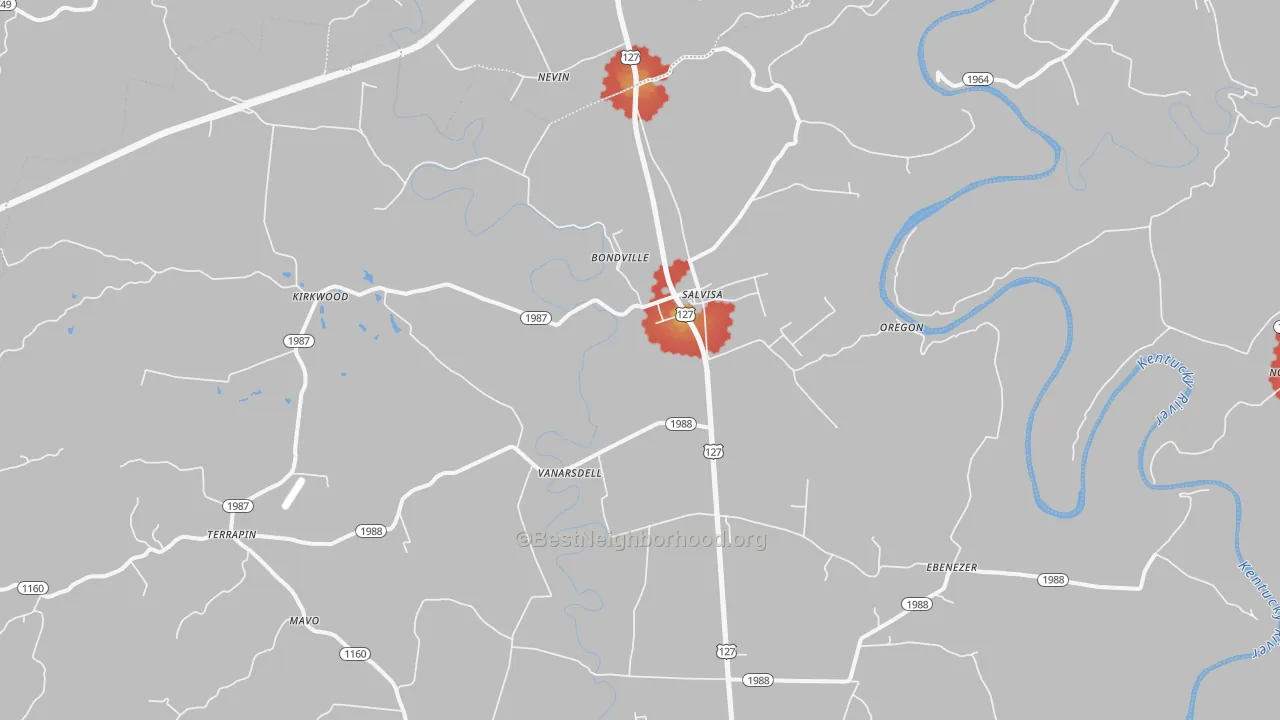 Walk Grade map of Salvisa, KY, walkable areas in green and car-dependent areas in red