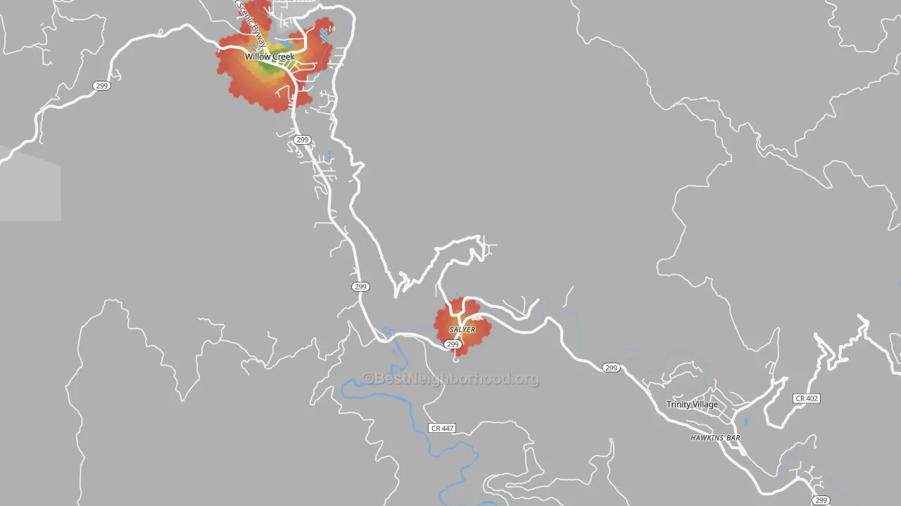 Walk Grade map of Salyer, CA, walkable areas in green and car-dependent areas in red