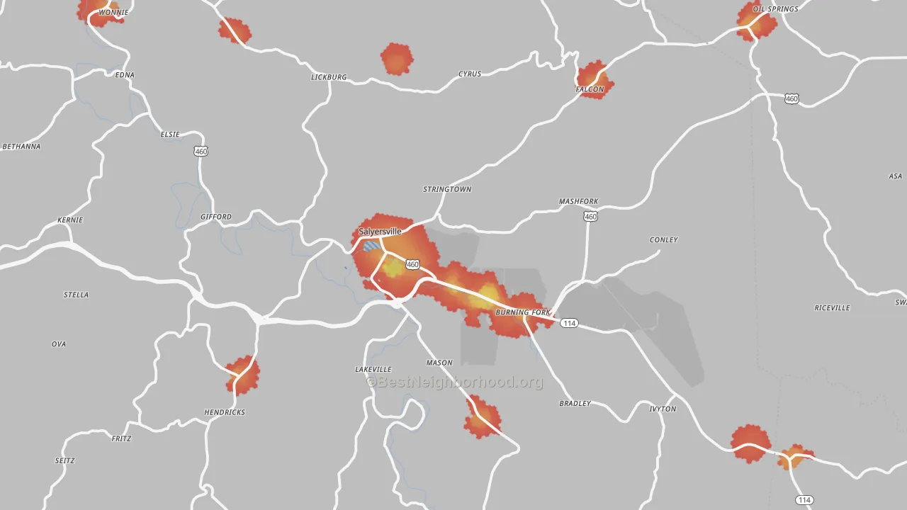 Walk Grade map of Salyersville, KY, walkable areas in green and car-dependent areas in red