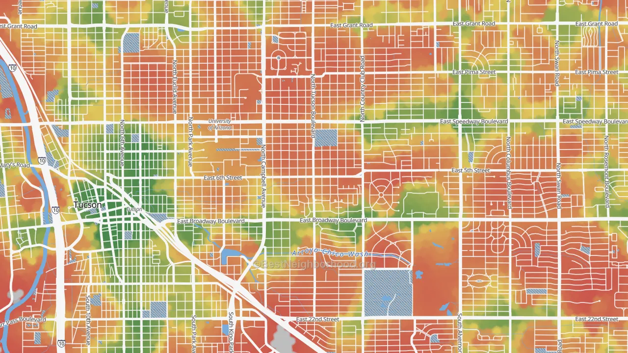 Walk Grade map of Sam Hughes, Tucson, AZ, walkable areas in green and car-dependent areas in red