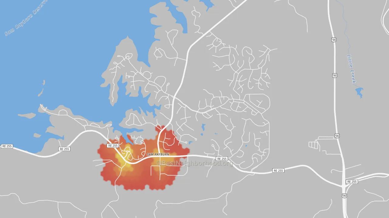 Walk Grade map of Sam Rayburn, TX, walkable areas in green and car-dependent areas in red