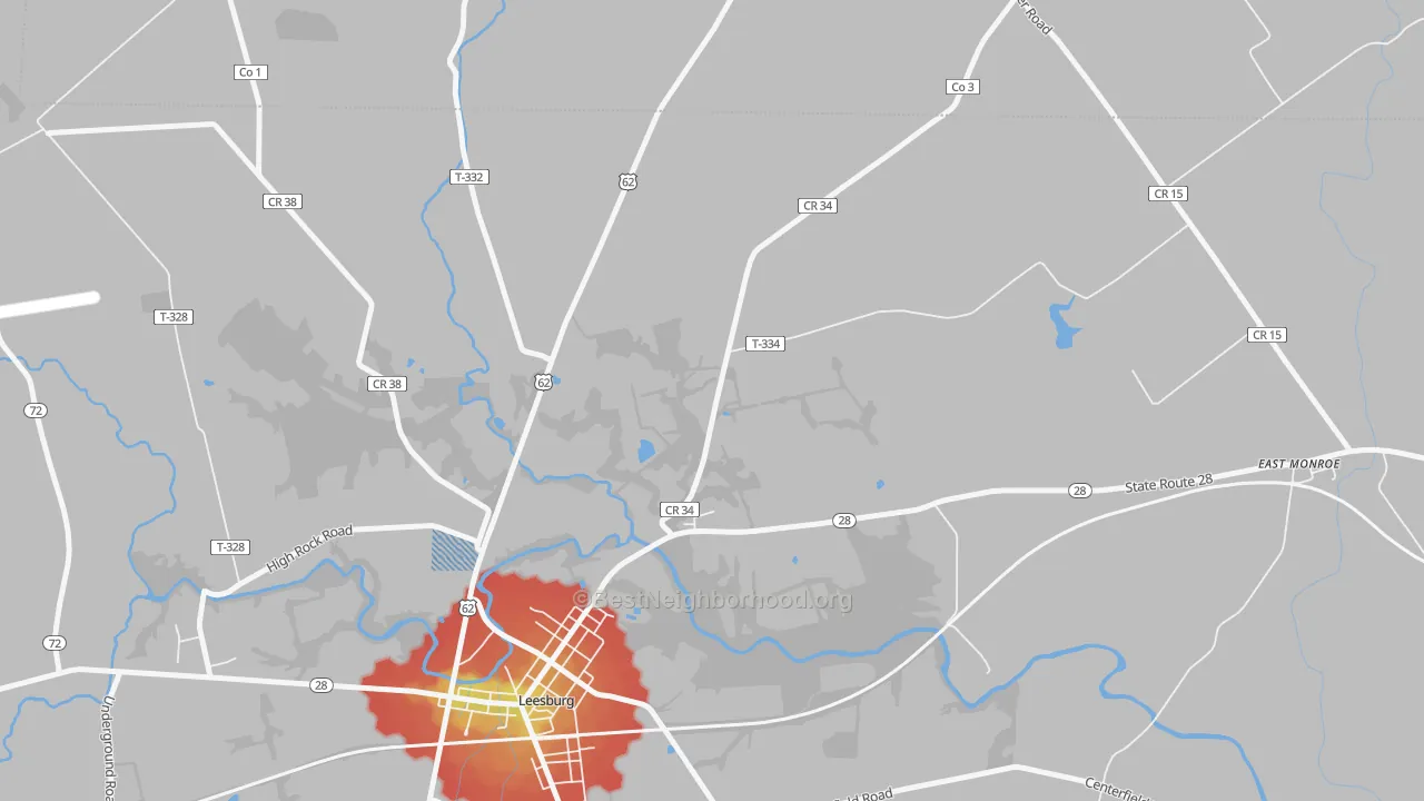 Walk Grade map of Samantha, OH, walkable areas in green and car-dependent areas in red
