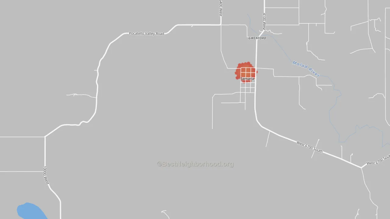 Walk Grade map of Samaria, ID, walkable areas in green and car-dependent areas in red