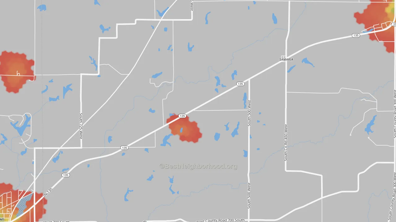 Walk Grade map of Samaria, IN, walkable areas in green and car-dependent areas in red