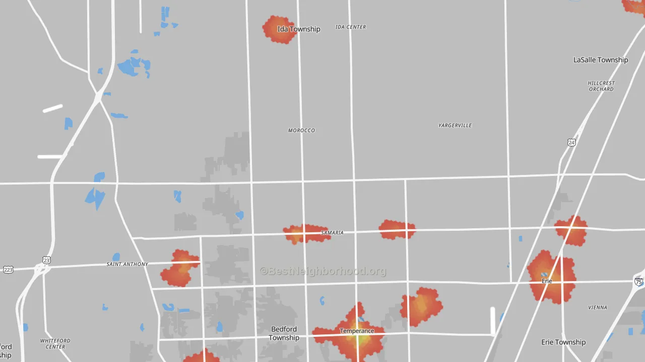 Walk Grade map of Samaria, MI, walkable areas in green and car-dependent areas in red