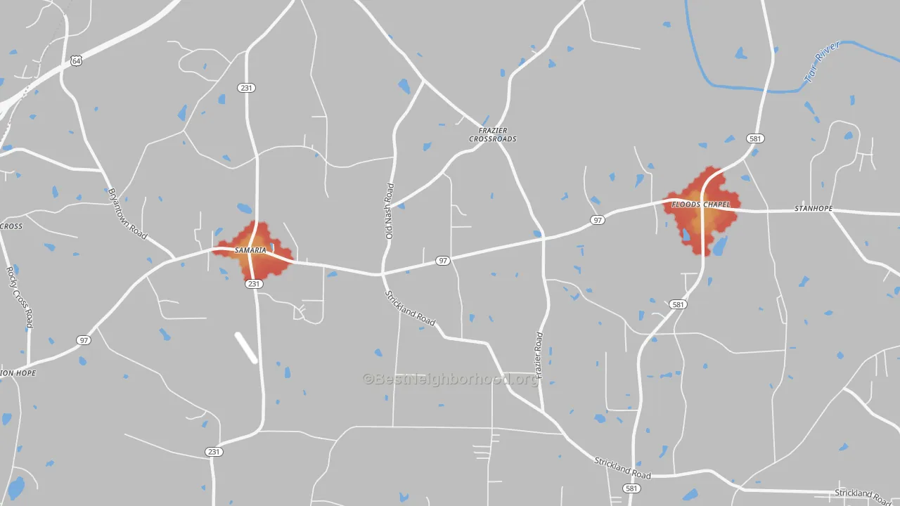 Walk Grade map of Samaria, NC, walkable areas in green and car-dependent areas in red
