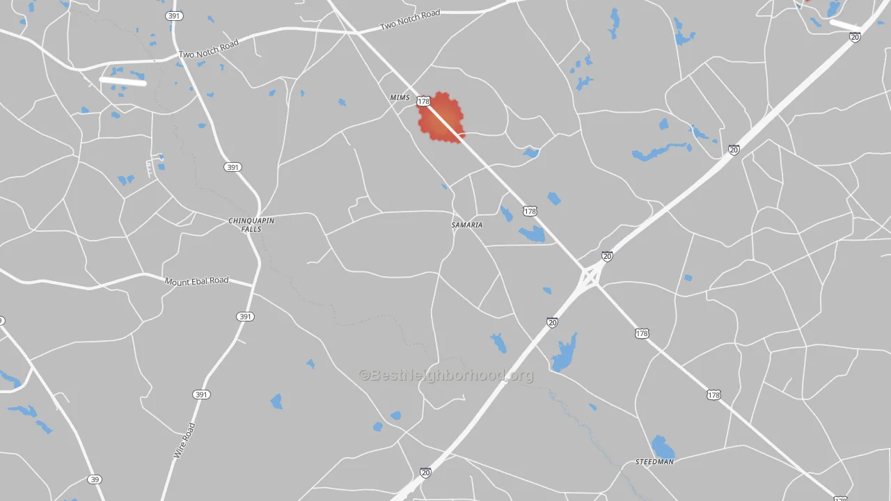 Walk Grade map of Samaria, SC, walkable areas in green and car-dependent areas in red