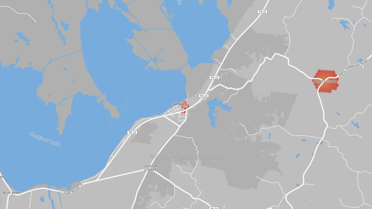 Walk Grade map of Samburg, TN, walkable areas in green and car-dependent areas in red