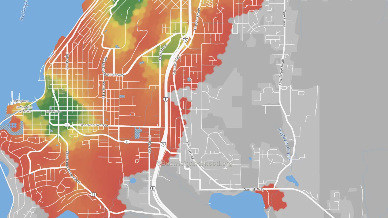 Walk Grade map of Samish Hill, Bellingham, WA, walkable areas in green and car-dependent areas in red