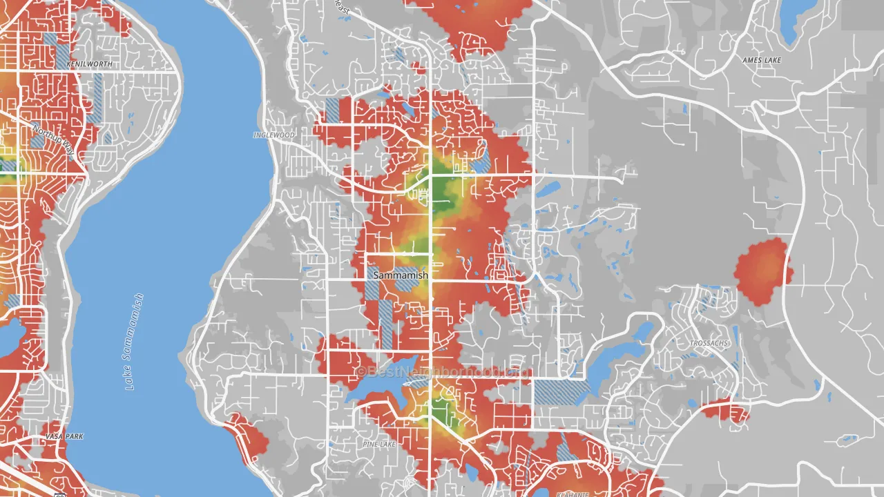 Walk Grade map of Sammamish, WA, walkable areas in green and car-dependent areas in red