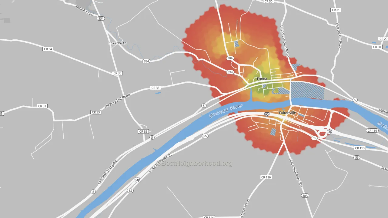 Walk Grade map of Sammonsville, NY, walkable areas in green and car-dependent areas in red