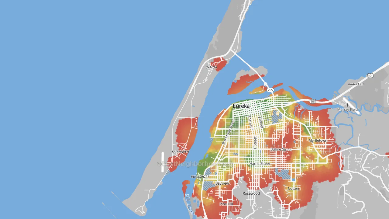 Walk Grade map of Samoa, CA, walkable areas in green and car-dependent areas in red