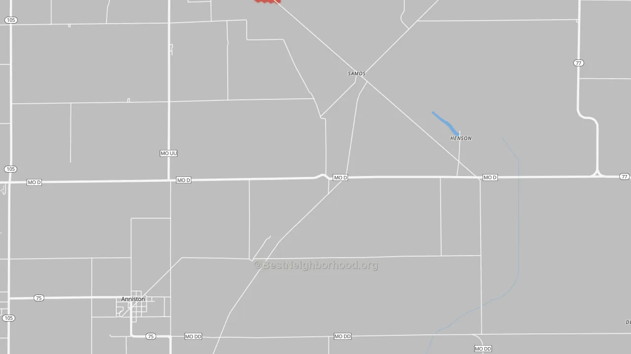 Walk Grade map of Samos, MO, walkable areas in green and car-dependent areas in red