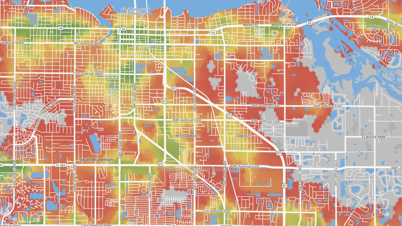 Walk Grade map of Samoset, Bradenton, FL, walkable areas in green and car-dependent areas in red