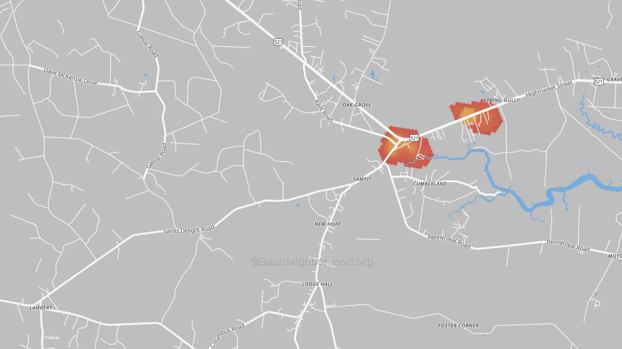 Walk Grade map of Sampit, SC, walkable areas in green and car-dependent areas in red