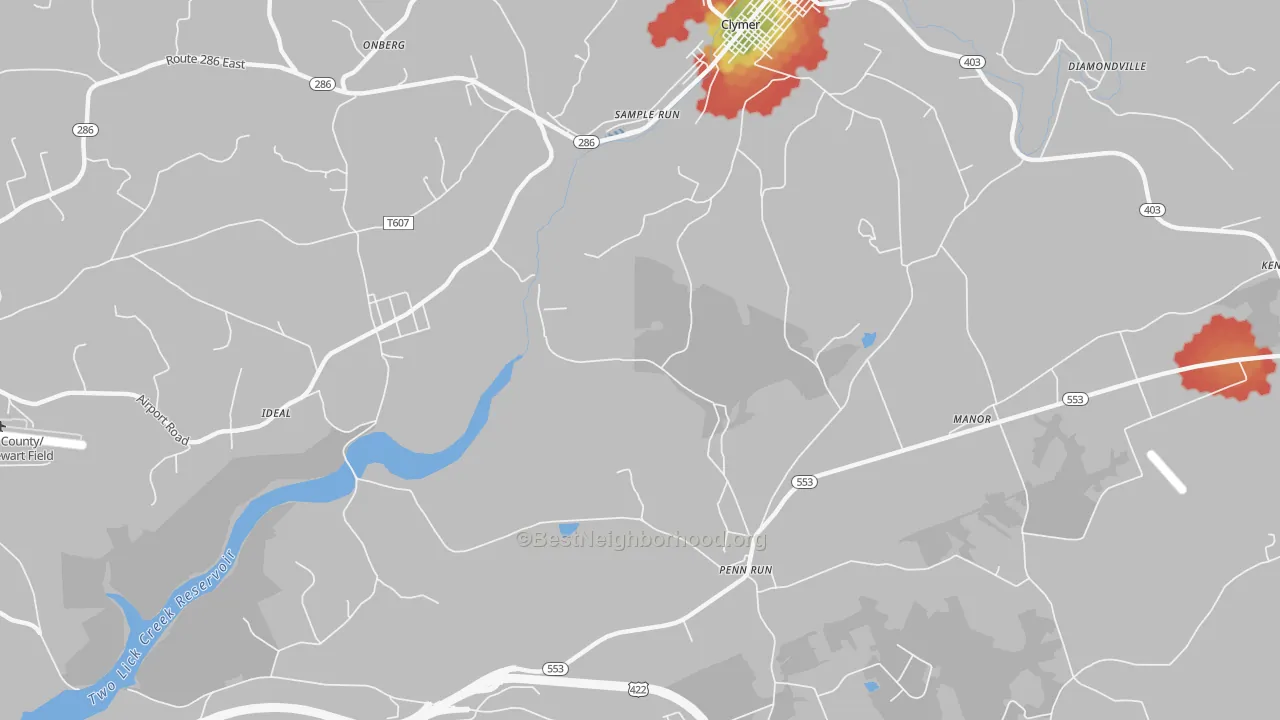 Walk Grade map of Sample Run, PA, walkable areas in green and car-dependent areas in red