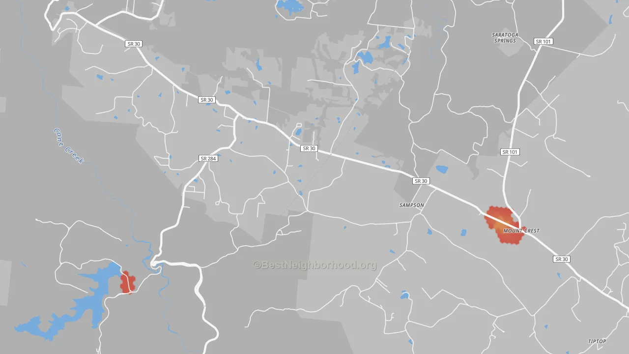 Walk Grade map of Sampson, TN, walkable areas in green and car-dependent areas in red