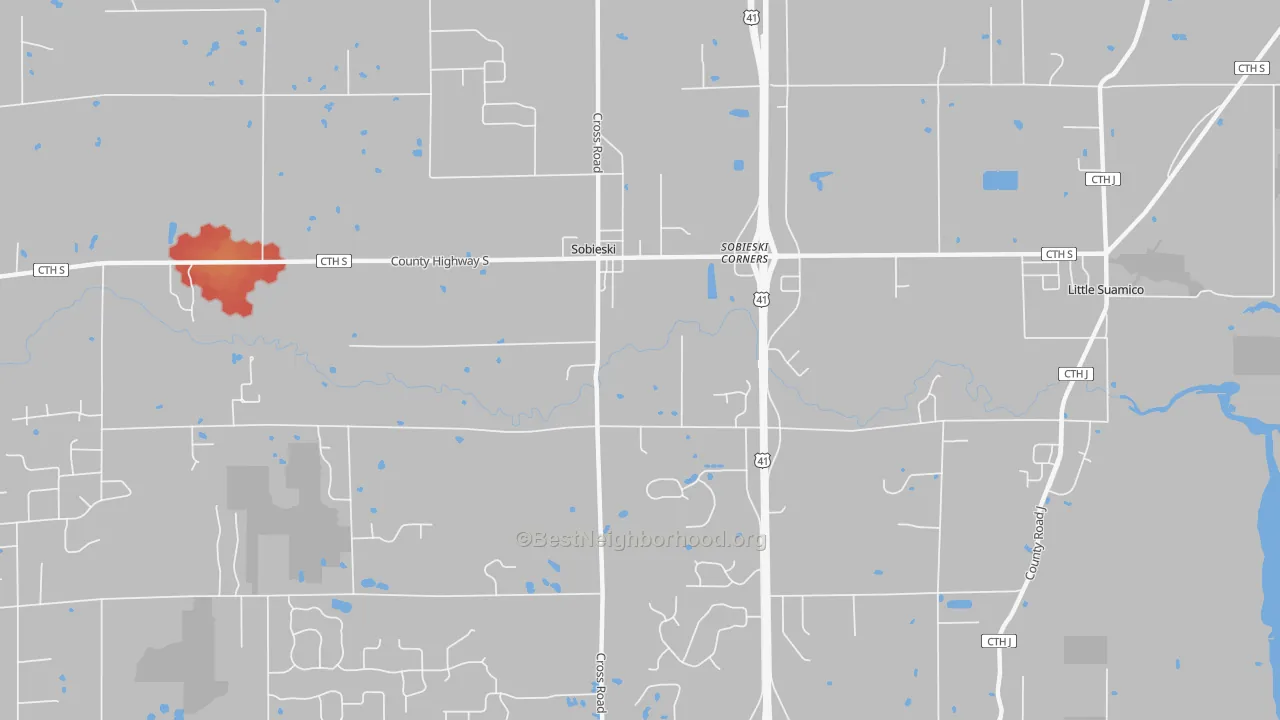 Walk Grade map of Sampson, WI, walkable areas in green and car-dependent areas in red