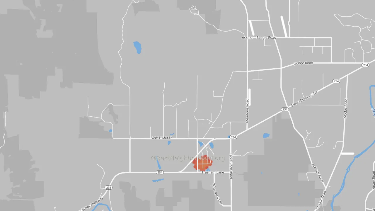 Walk Grade map of Sams Valley, OR, walkable areas in green and car-dependent areas in red