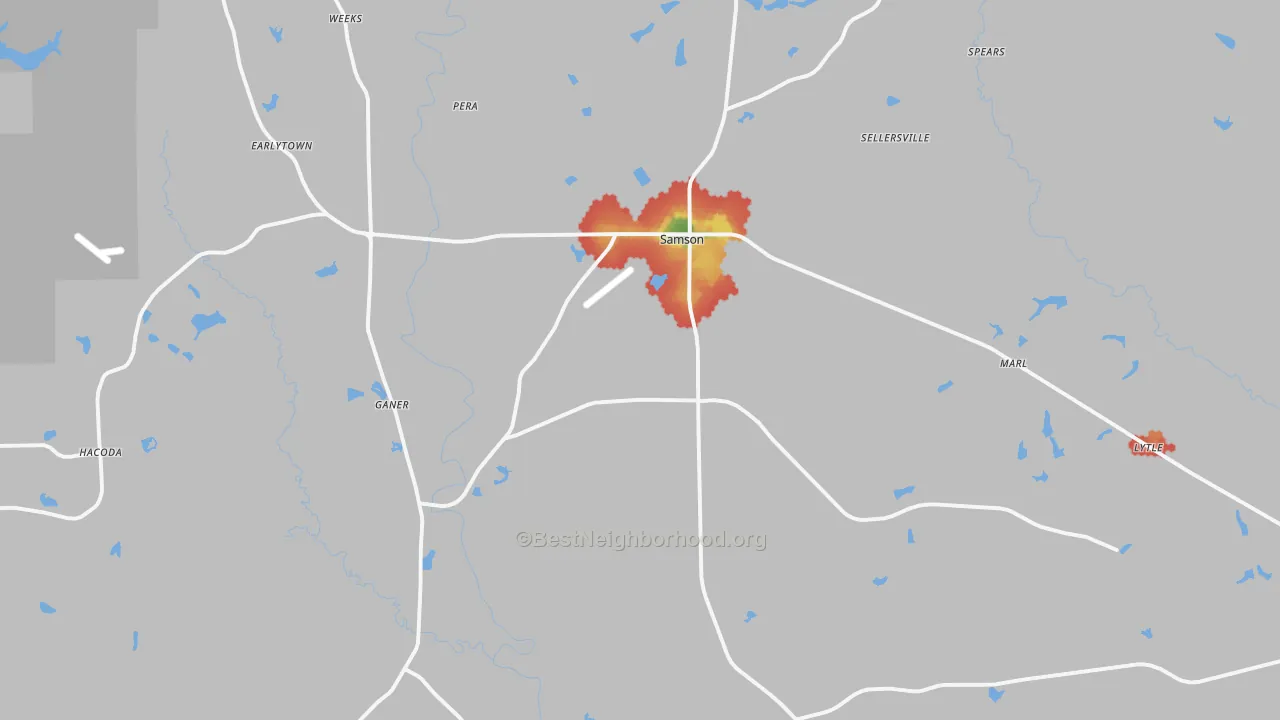Walk Grade map of Samson, AL, walkable areas in green and car-dependent areas in red