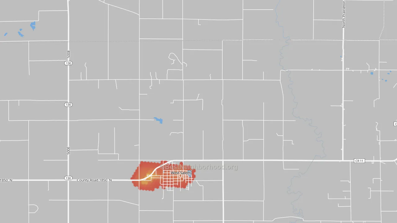 Walk Grade map of Samsville, IL, walkable areas in green and car-dependent areas in red