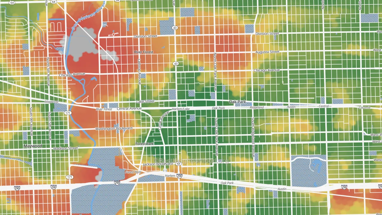 Walk Grade map of Samuel A Rothermel, Oak Park, IL, walkable areas in green and car-dependent areas in red