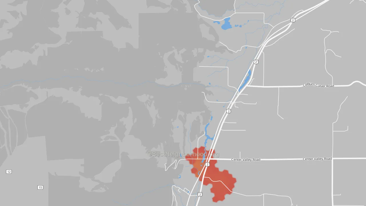 Walk Grade map of Samuels, ID, walkable areas in green and car-dependent areas in red