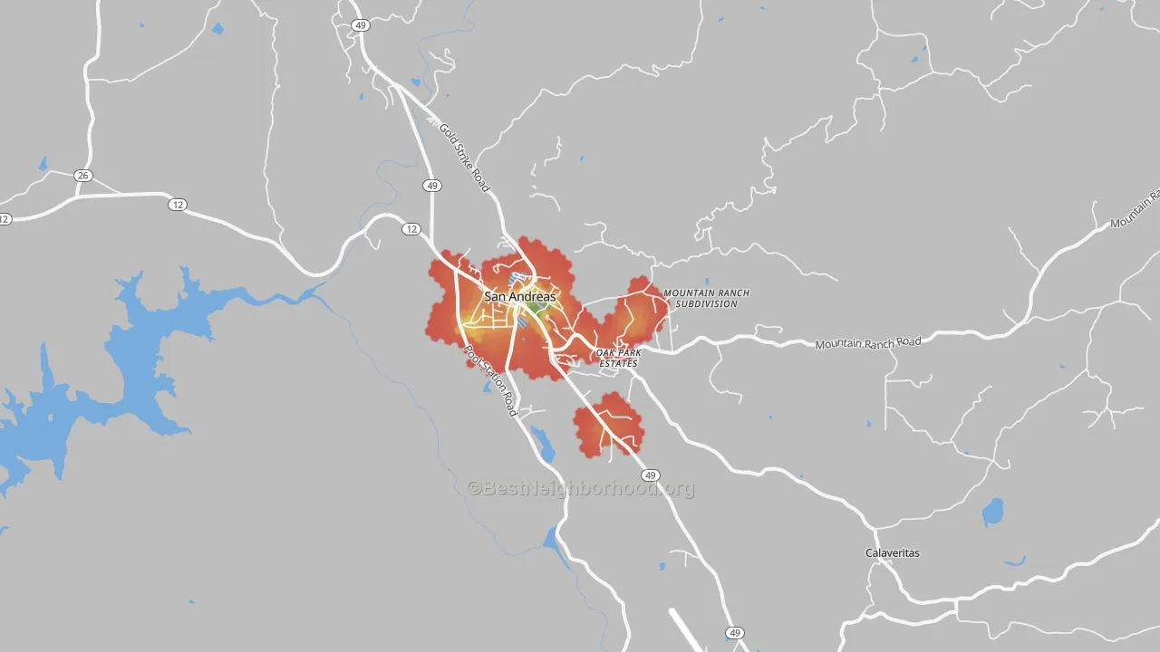Walk Grade map of San Andreas, CA, walkable areas in green and car-dependent areas in red