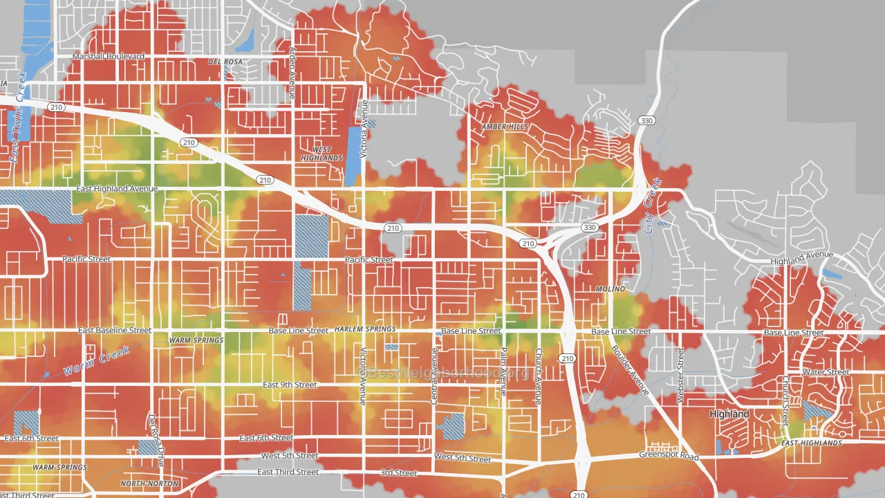 Walk Grade map of San Andreas, Highland, CA, walkable areas in green and car-dependent areas in red