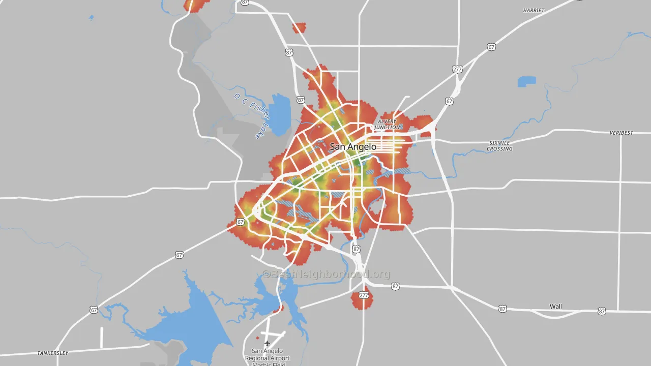 Walk Grade map of San Angelo, TX, walkable areas in green and car-dependent areas in red