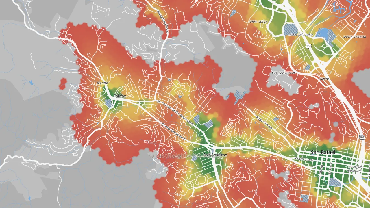 Walk Grade map of San Anselmo, CA, walkable areas in green and car-dependent areas in red
