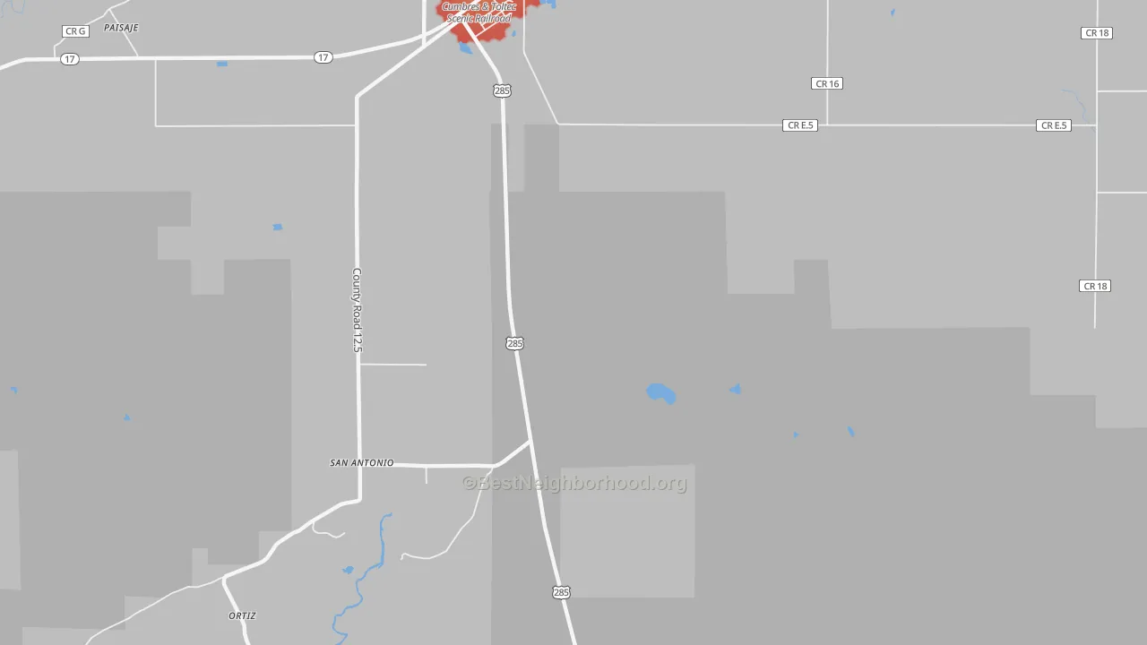 Walk Grade map of San Antonio, CO, walkable areas in green and car-dependent areas in red