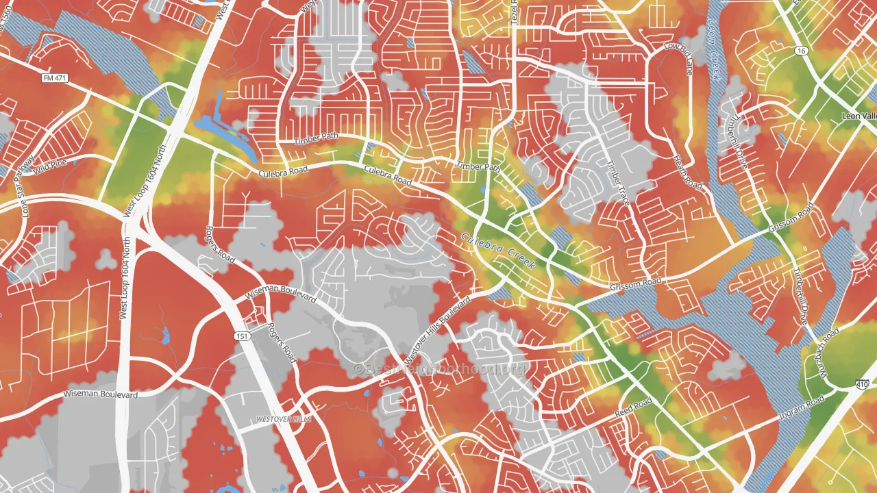 Walk Grade map of San Antonio Creekside, San Antonio, TX, walkable areas in green and car-dependent areas in red