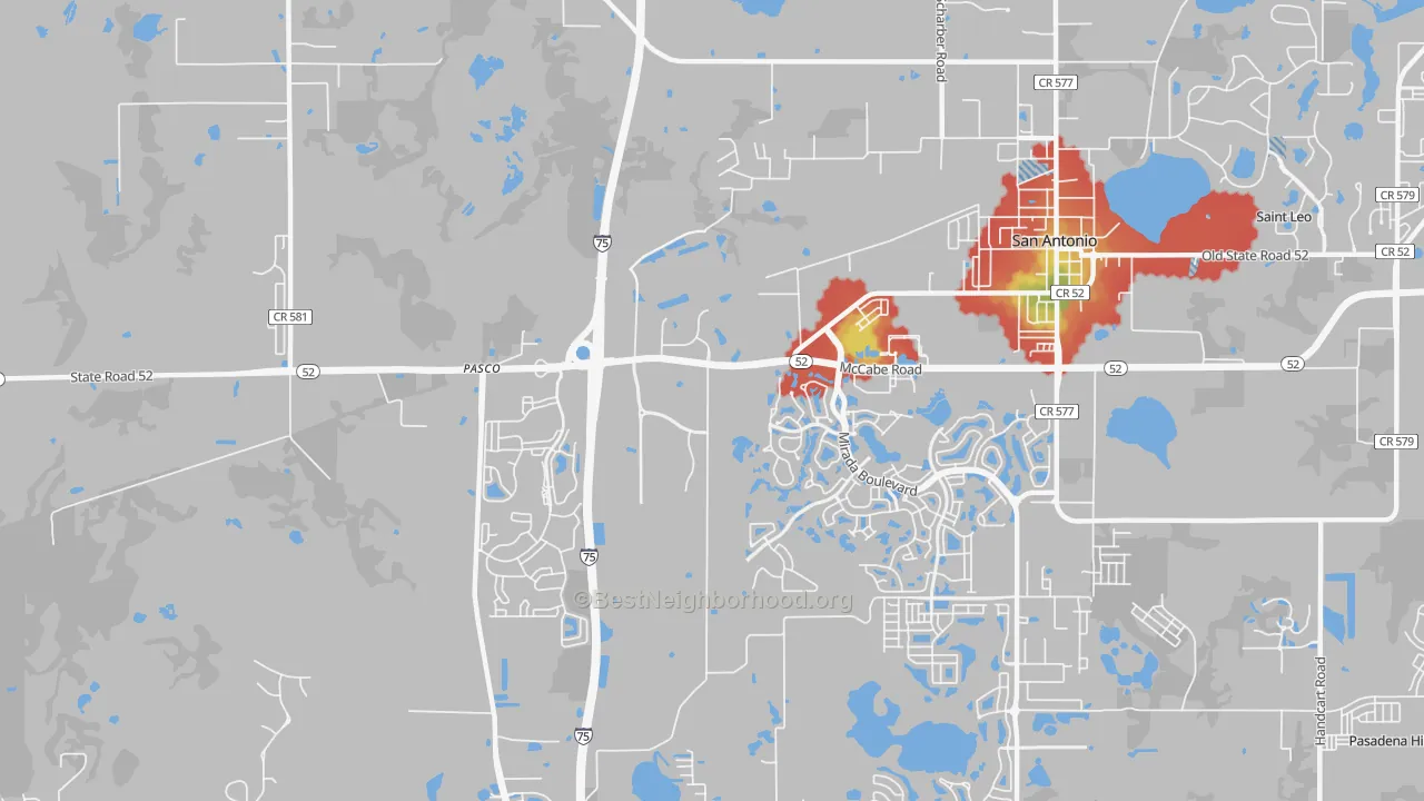Walk Grade map of San Antonio, FL, walkable areas in green and car-dependent areas in red