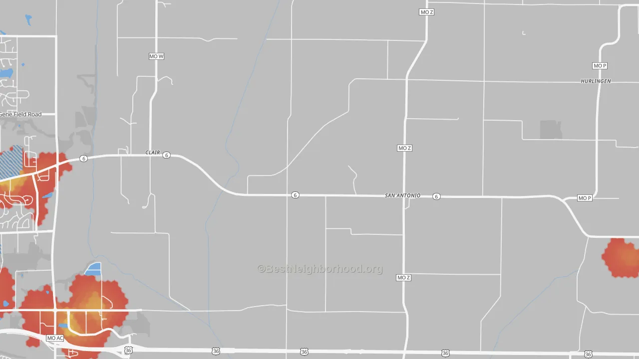 Walk Grade map of San Antonio, MO, walkable areas in green and car-dependent areas in red