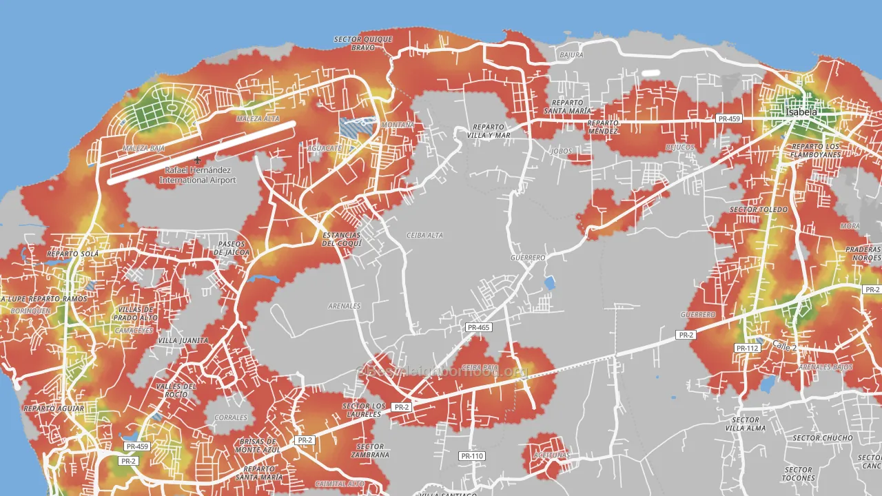 Walk Grade map of San Antonio, PR, walkable areas in green and car-dependent areas in red