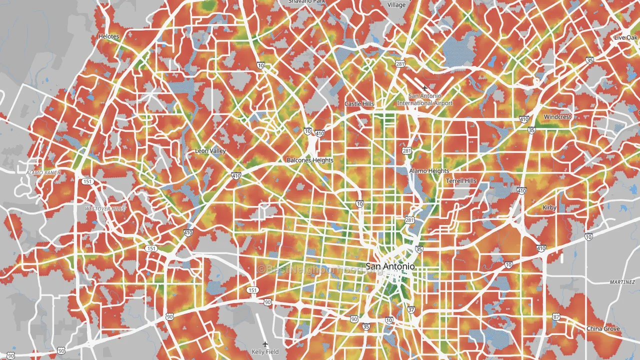 Walk Grade map of San Antonio, TX, walkable areas in green and car-dependent areas in red