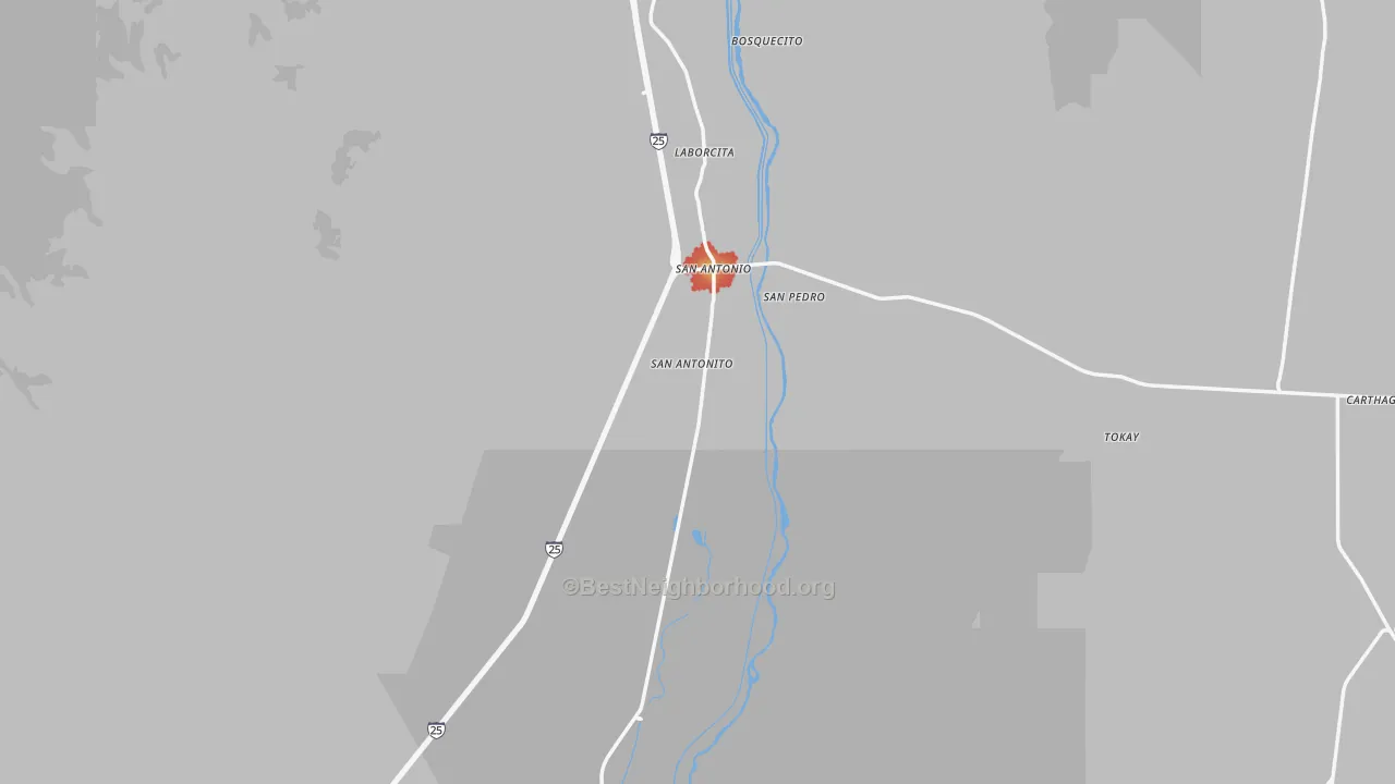 Walk Grade map of San Antonito, NM, walkable areas in green and car-dependent areas in red