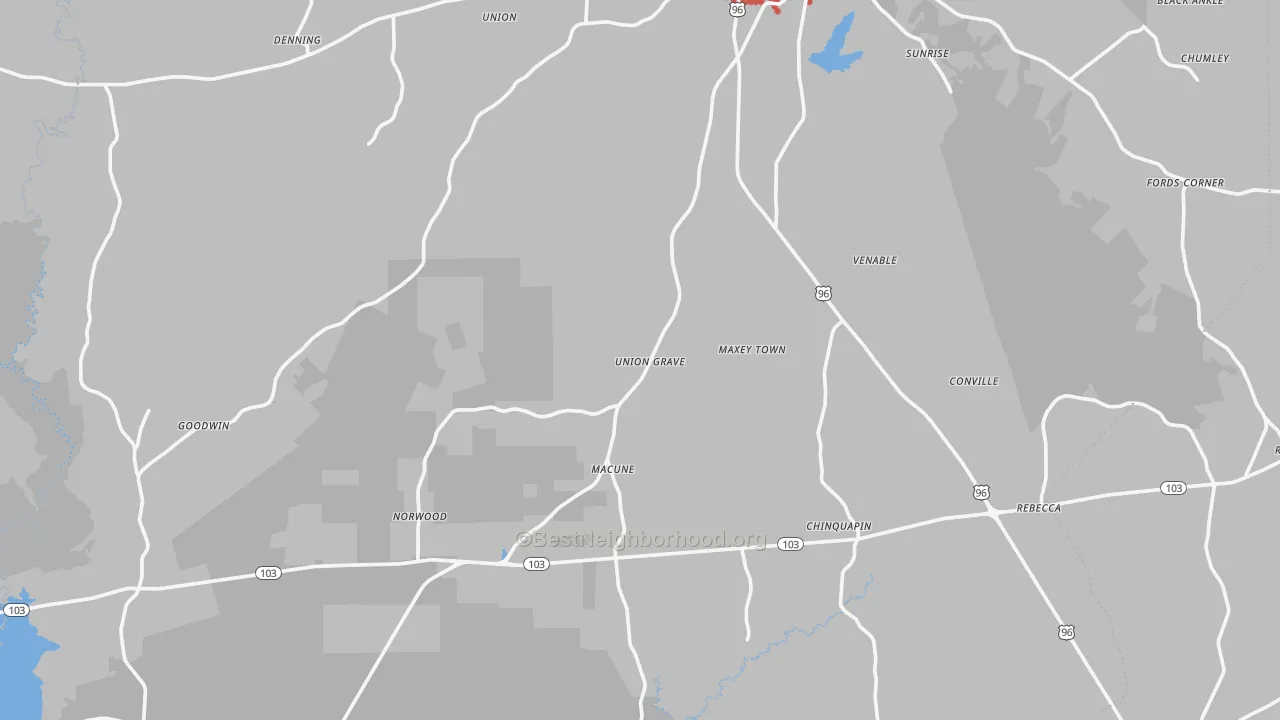Walk Grade map of San Augustine County, TX, walkable areas in green and car-dependent areas in red