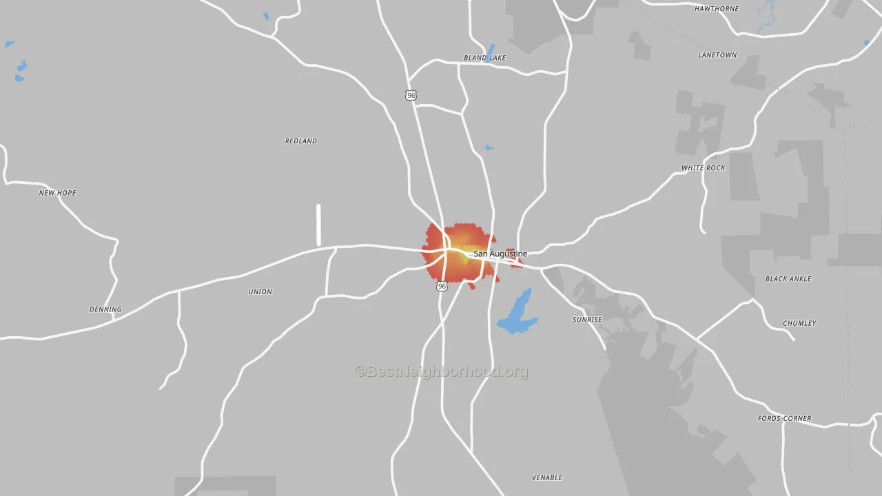 Walk Grade map of San Augustine, TX, walkable areas in green and car-dependent areas in red