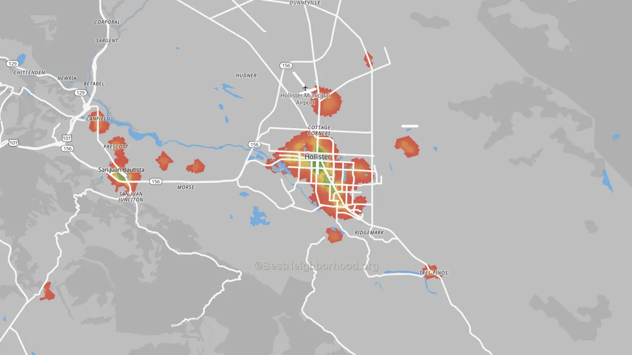 Walk Grade map of San Benito County, CA, walkable areas in green and car-dependent areas in red