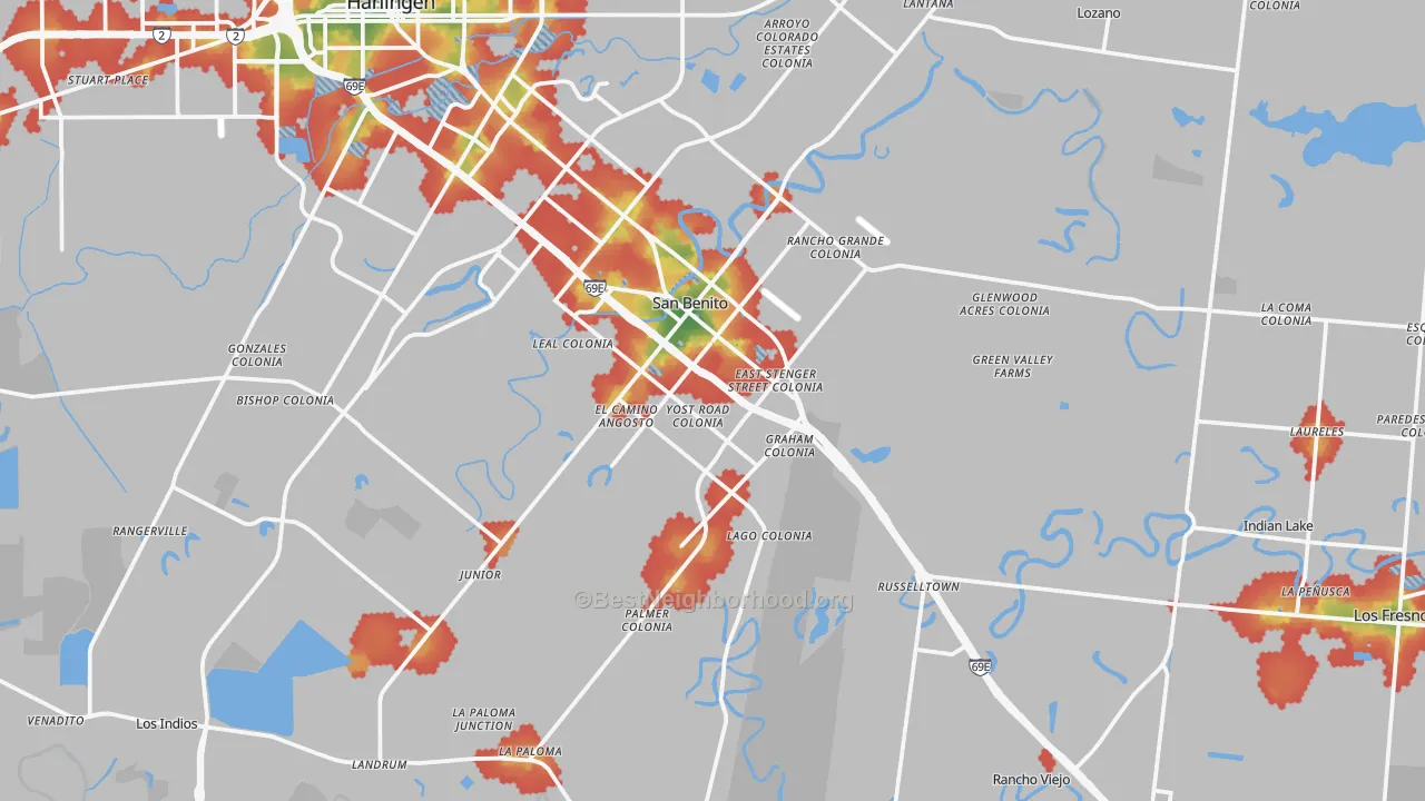 Walk Grade map of San Benito, TX, walkable areas in green and car-dependent areas in red