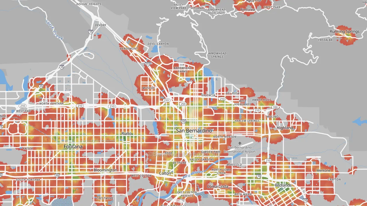 Walk Grade map of San Bernardino, CA, walkable areas in green and car-dependent areas in red