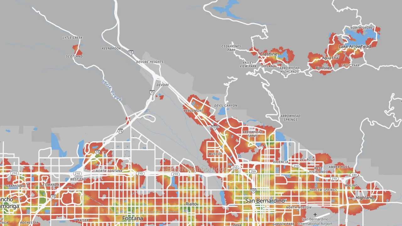 Walk Grade map of San Bernardino County, CA, walkable areas in green and car-dependent areas in red