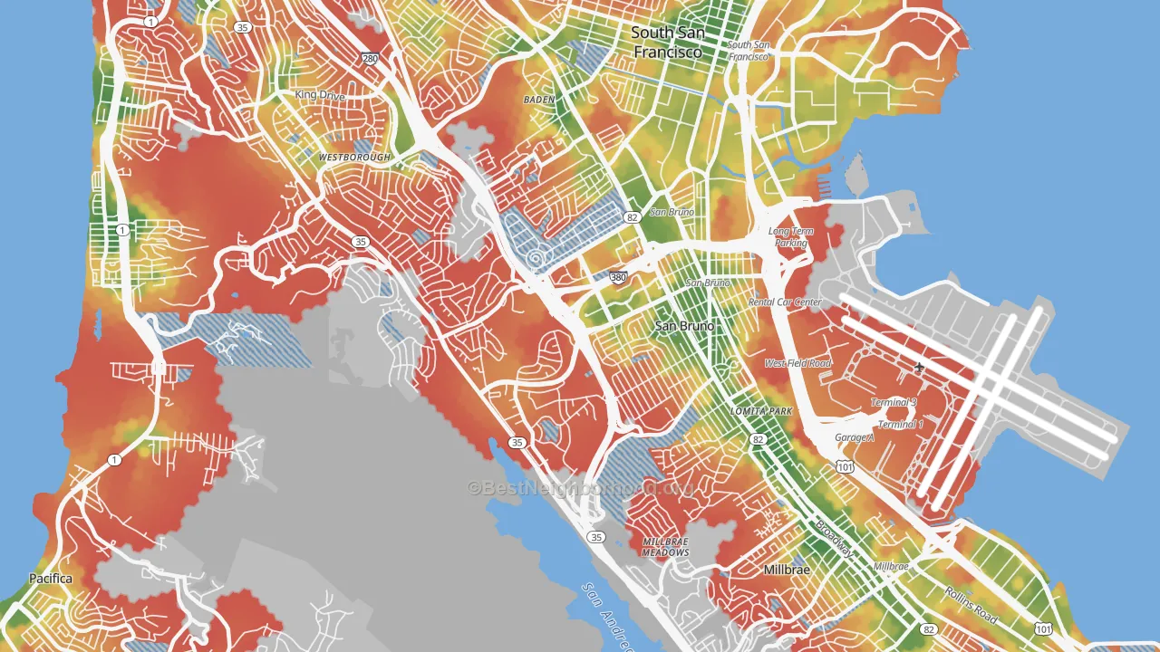 Walk Grade map of San Bruno, CA, walkable areas in green and car-dependent areas in red